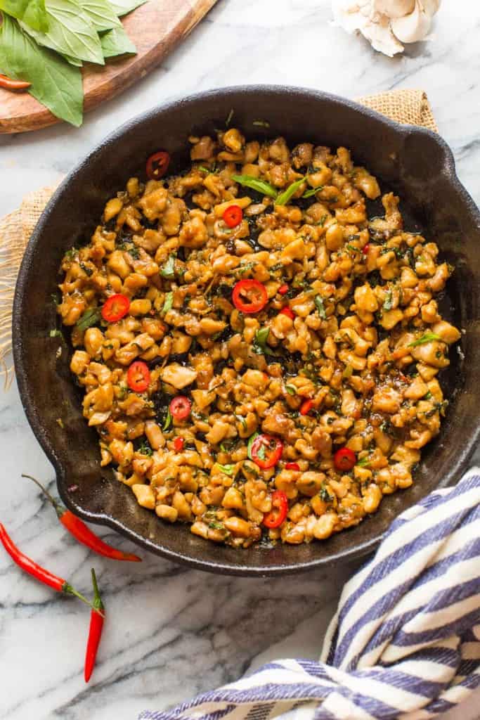 Pad Krapow Gai in a cast iron skillet