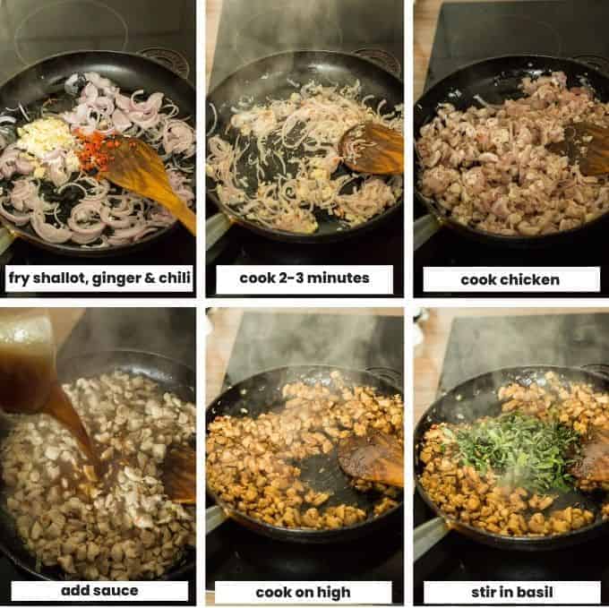 collage showing how to make Thai Basil Chicken (Pad Krapow Gai)