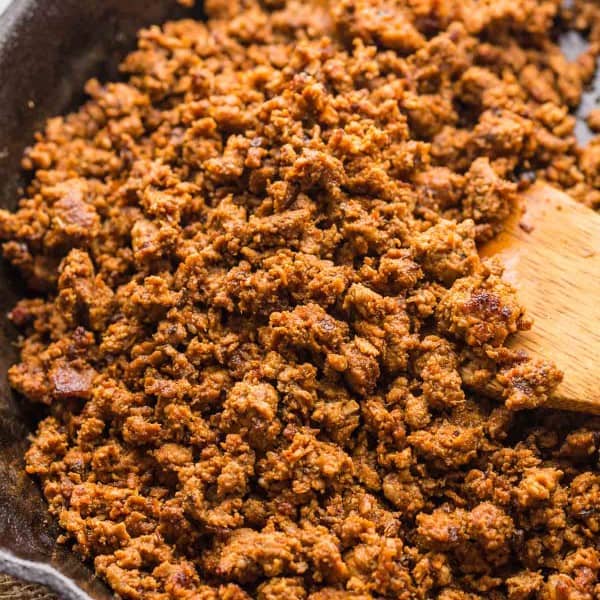 up close turkey chorizo in a skillet