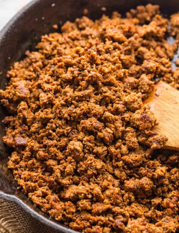 up close turkey chorizo in a skillet