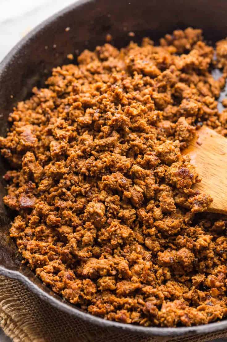 up close turkey chorizo in a skillet