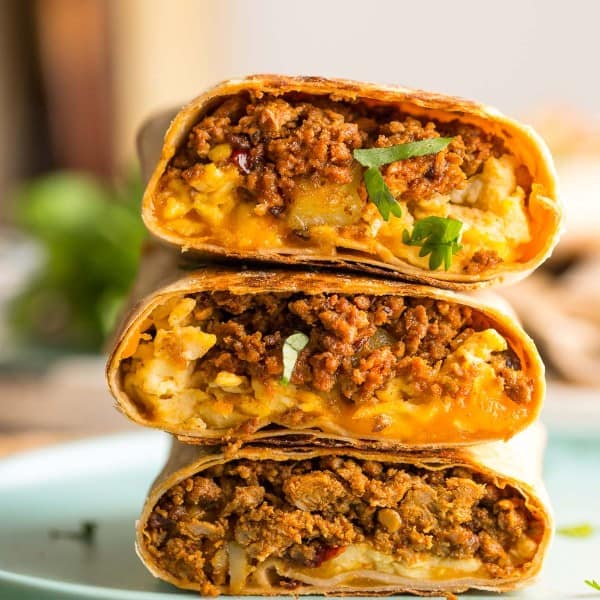 turkey-chorizo-burrito cut in half and stacked