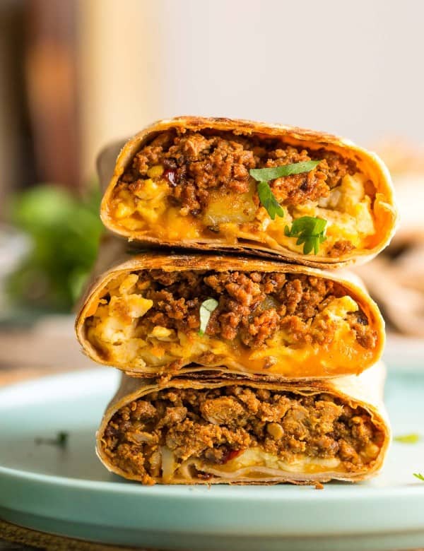 turkey-chorizo-burrito cut in half and stacked