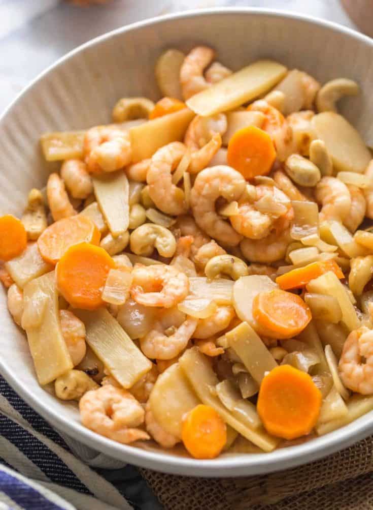 Cashew & King Prawn Stir Fry in a serving bowl