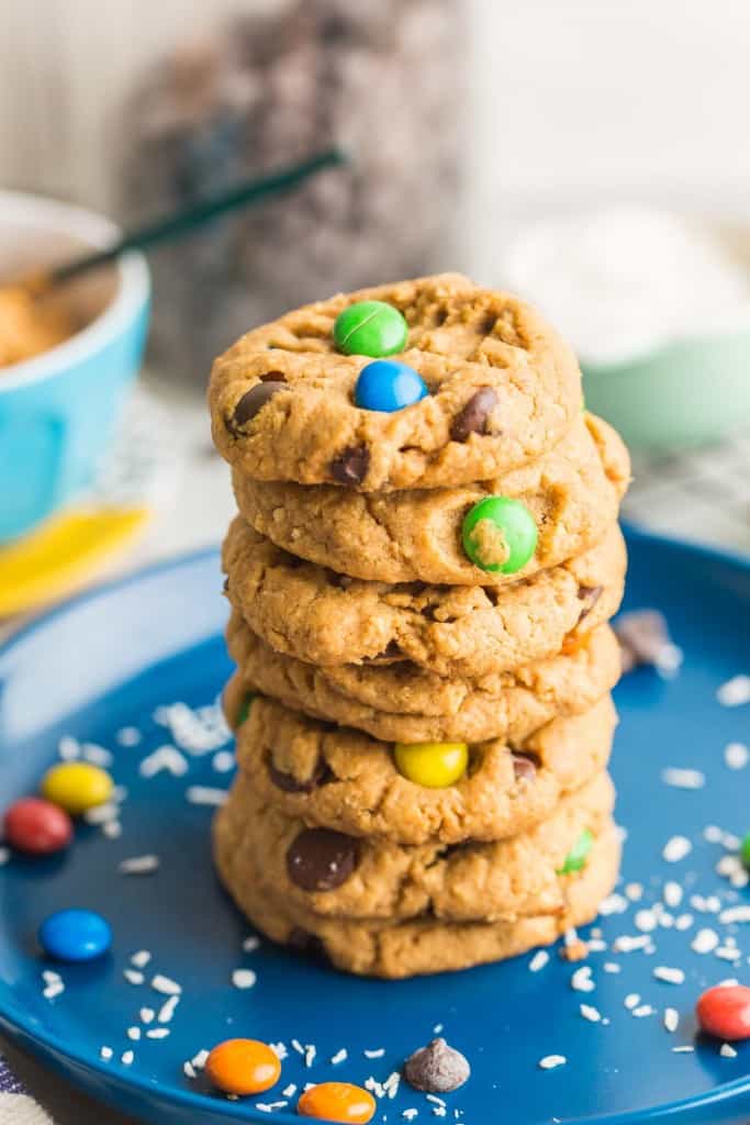 Oat Free Monster Cookies stacked on a plate