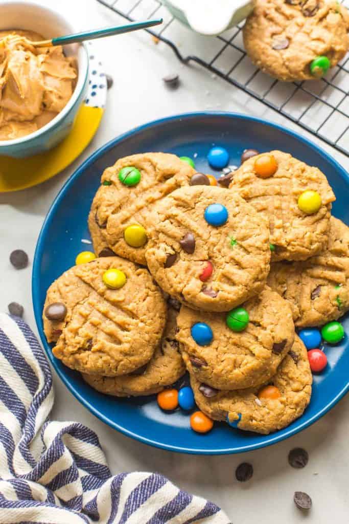oat free monster cookies on a plate with m&ms