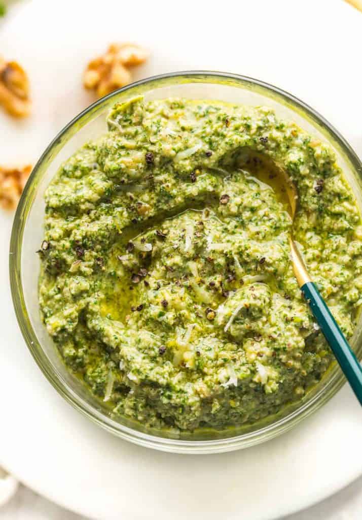 Rocket Pesto (Arugula Pesto) in a bowl with black pepper on top