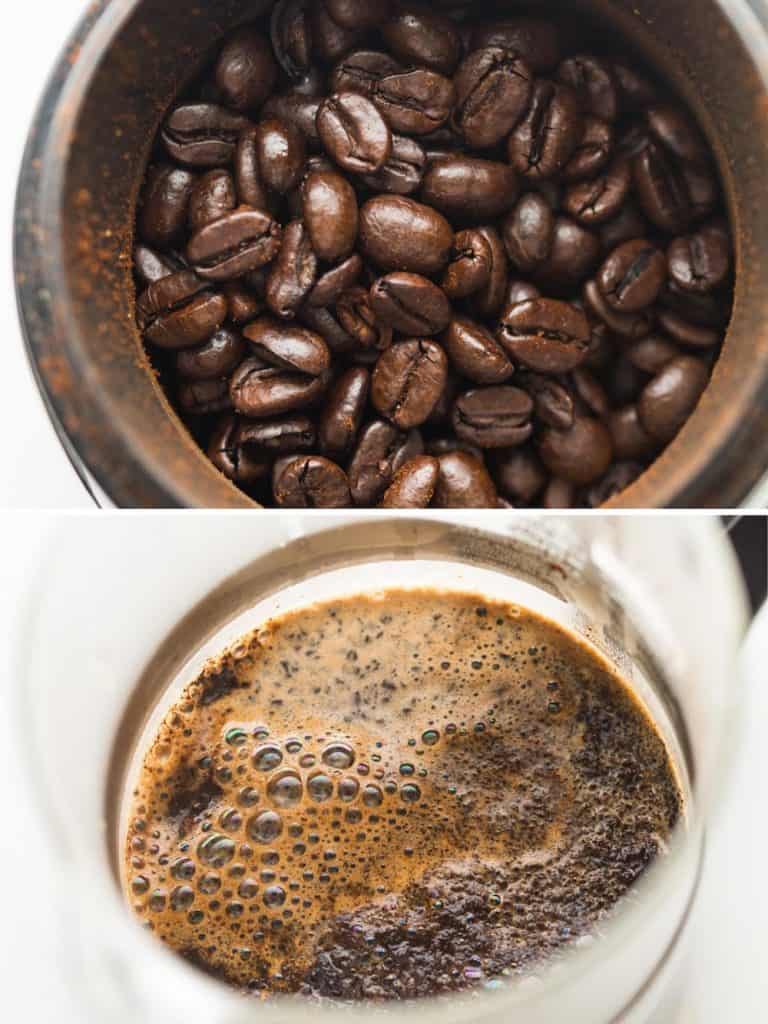 coffee beans and coffee brewing in french press