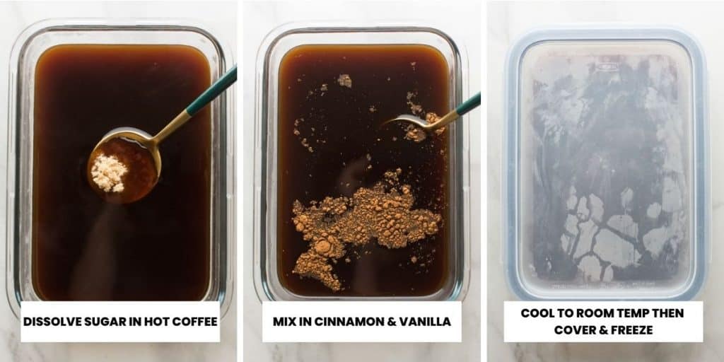 collage of steps showing how to dissolve sugar in hot coffee to make coffee granita