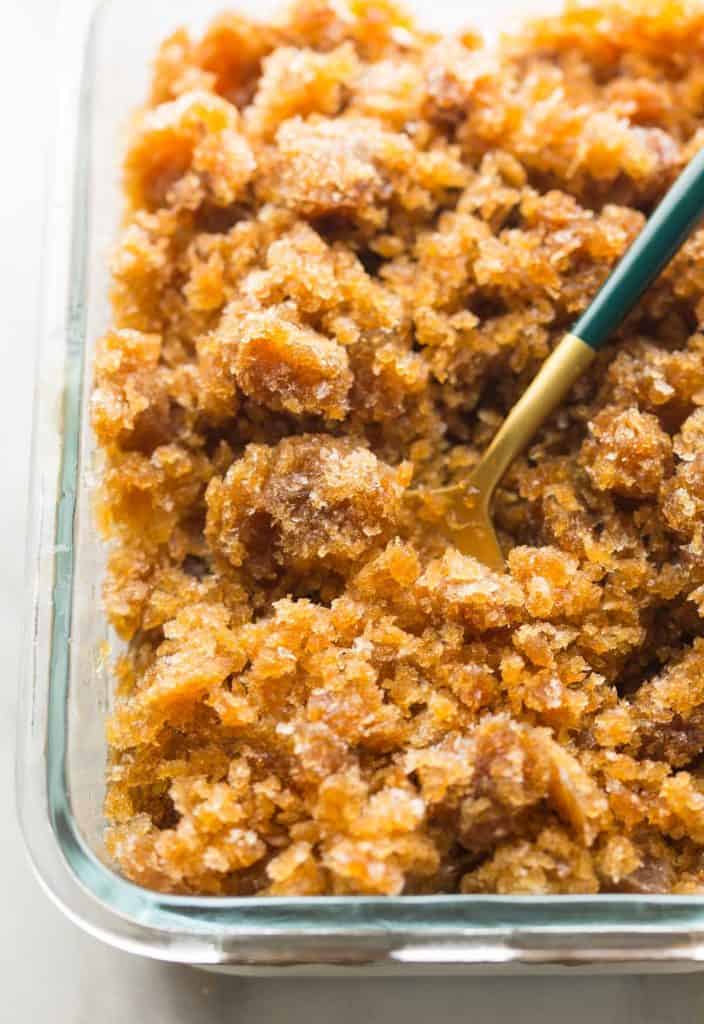 coffee granita mashed up with a fork 