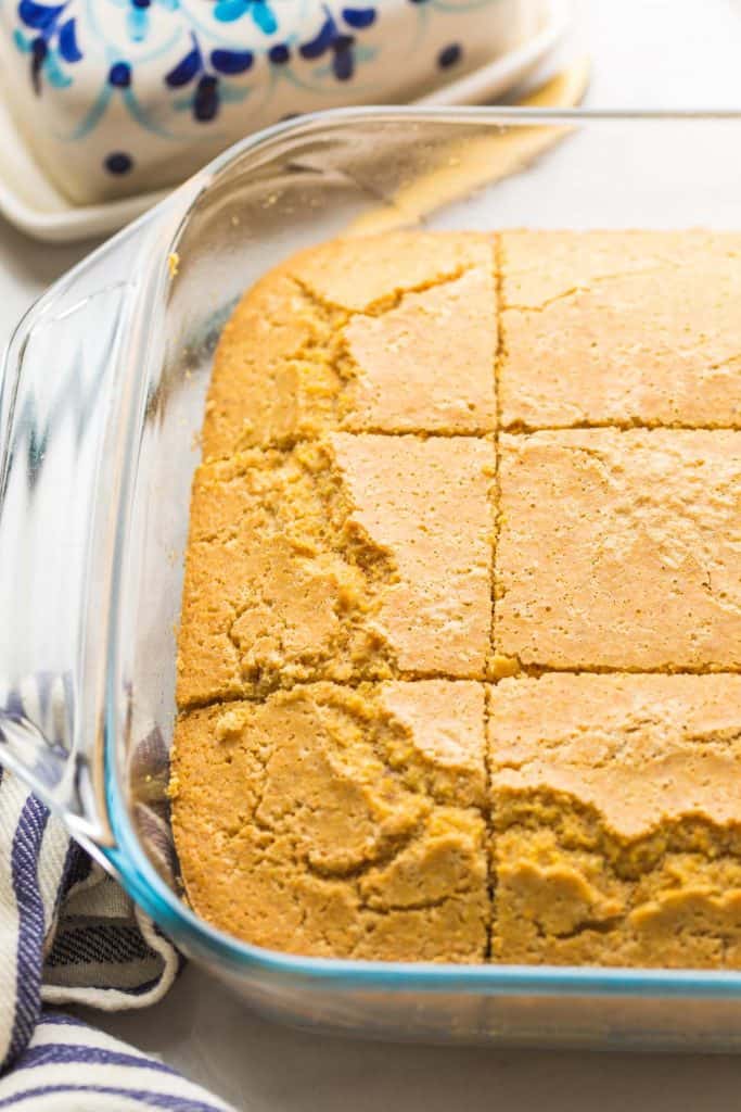 Gluten Free Cornbread sliced up in the baking dish