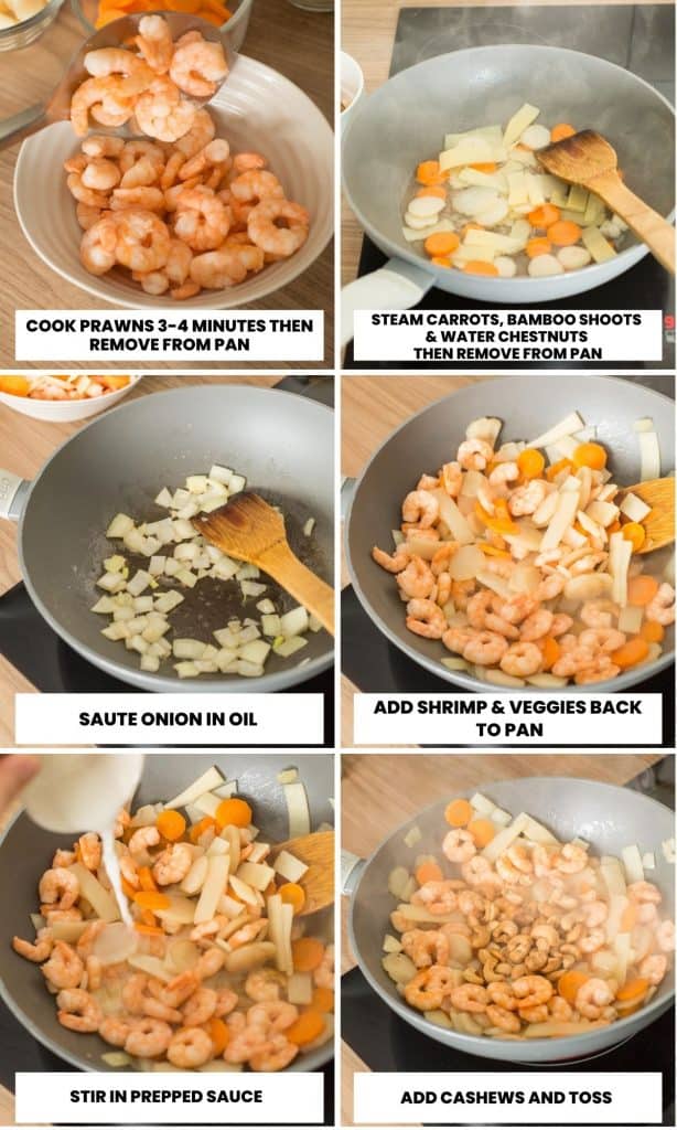 Cashew & King Prawn Stir Fry collage of steps