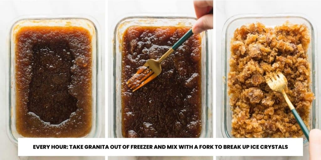 collage of steps showing how to stir granita as it freezes