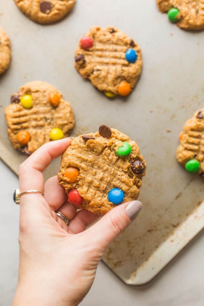 gluten free flourless monster cookies made with flax egg instead of a regular egg