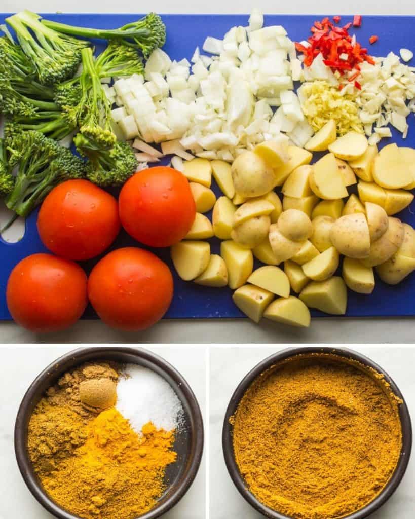 broccoli and potato curry ingredients prepared on a cutting board