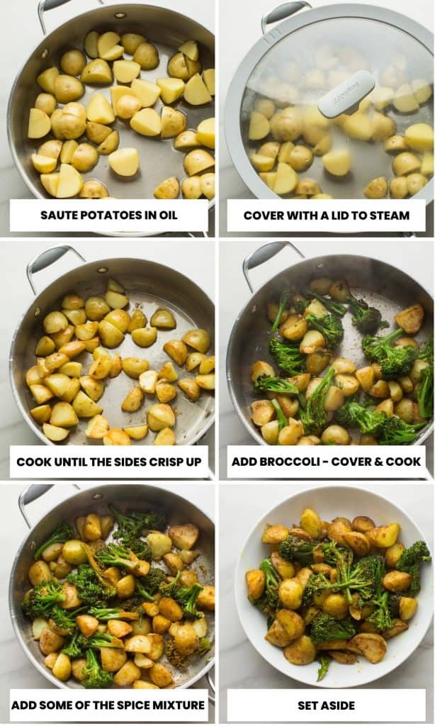 potato curry collage - step-by-step photos on how to fry the broccoli and potatoes