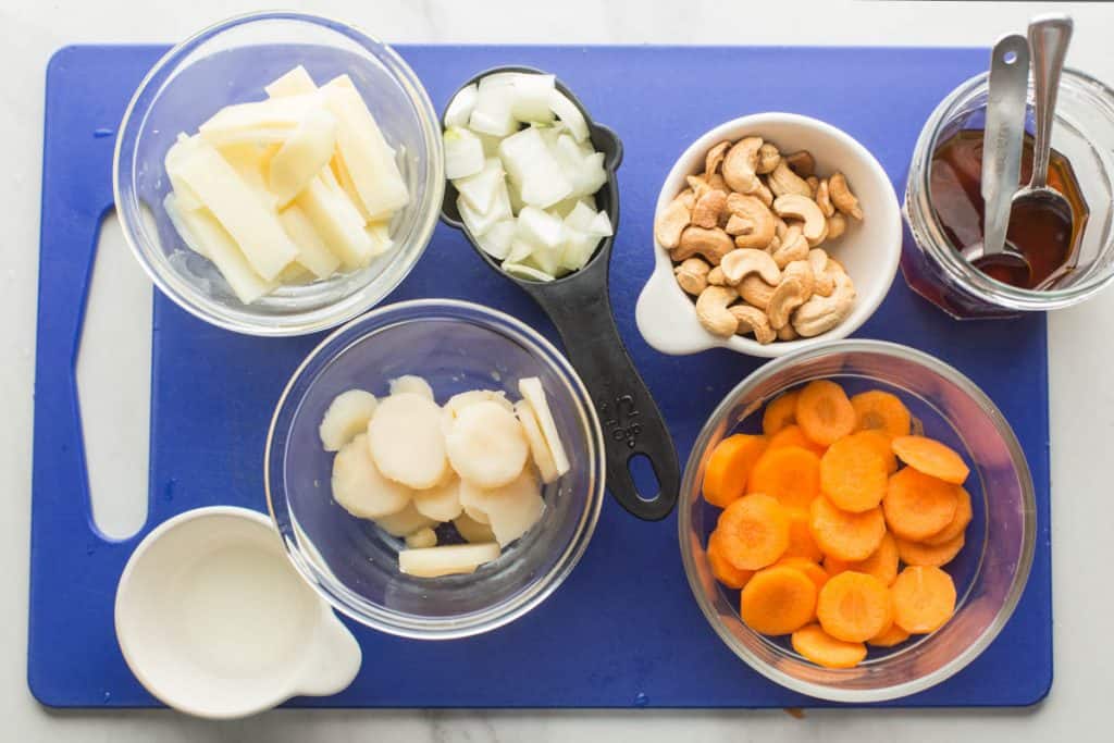 Cashew & King Prawn Stir Fry ingredients prepared on a cutting board