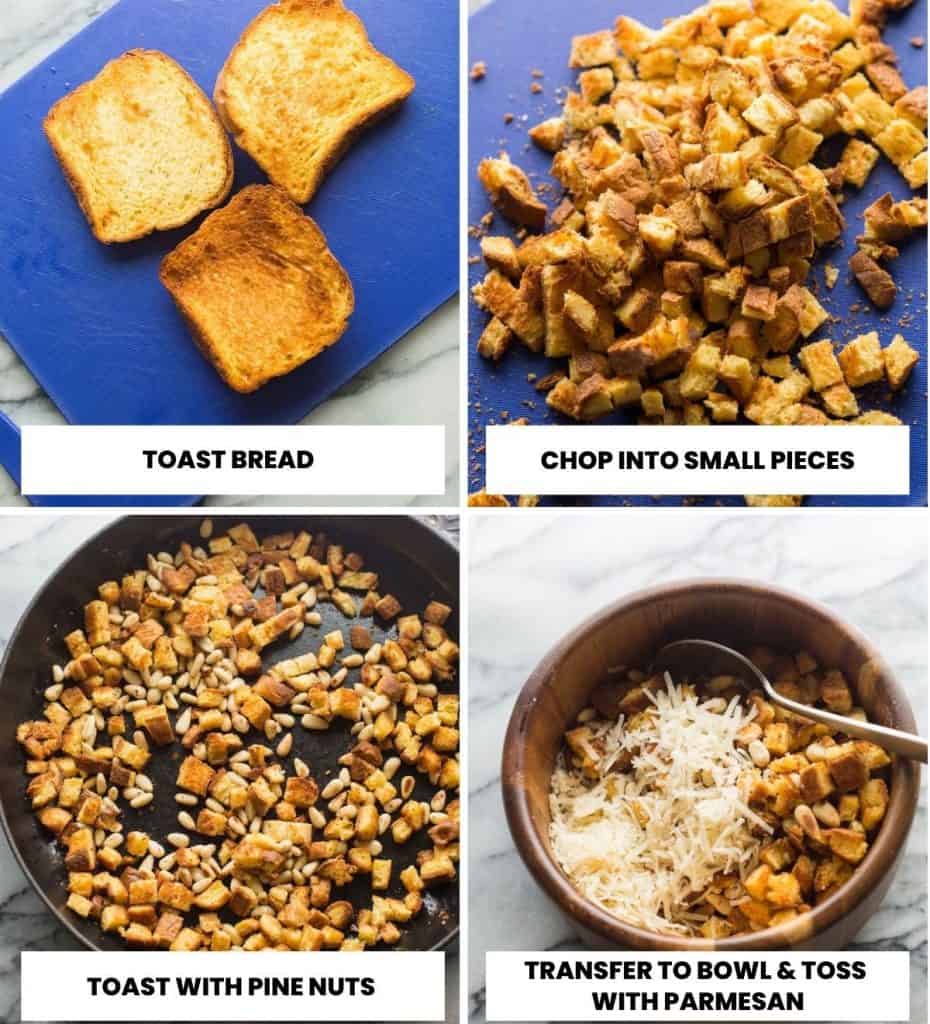 collage for making the toasted bread and pine nut mixture