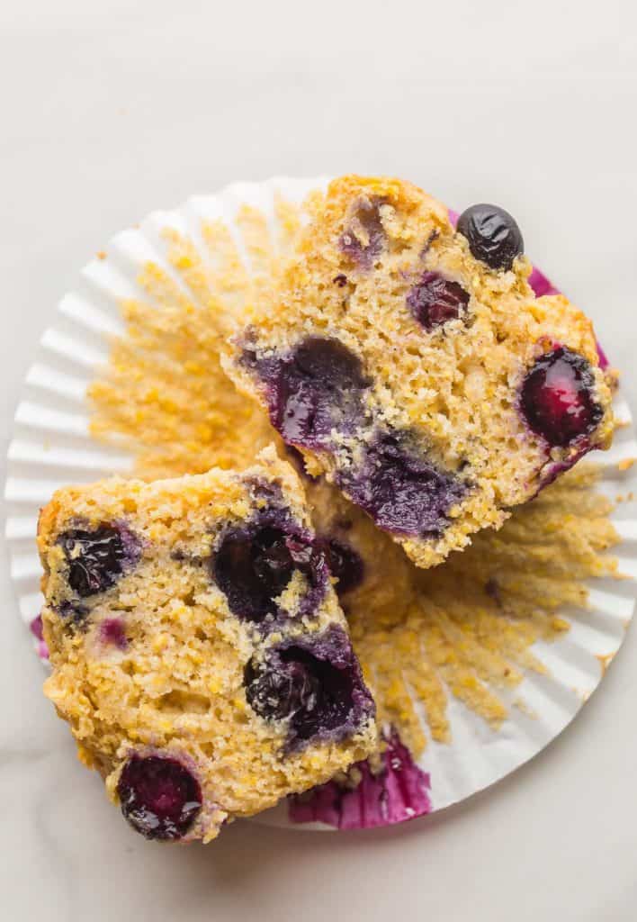 Gluten Free Blueberry Cornbread Muffins cut in half