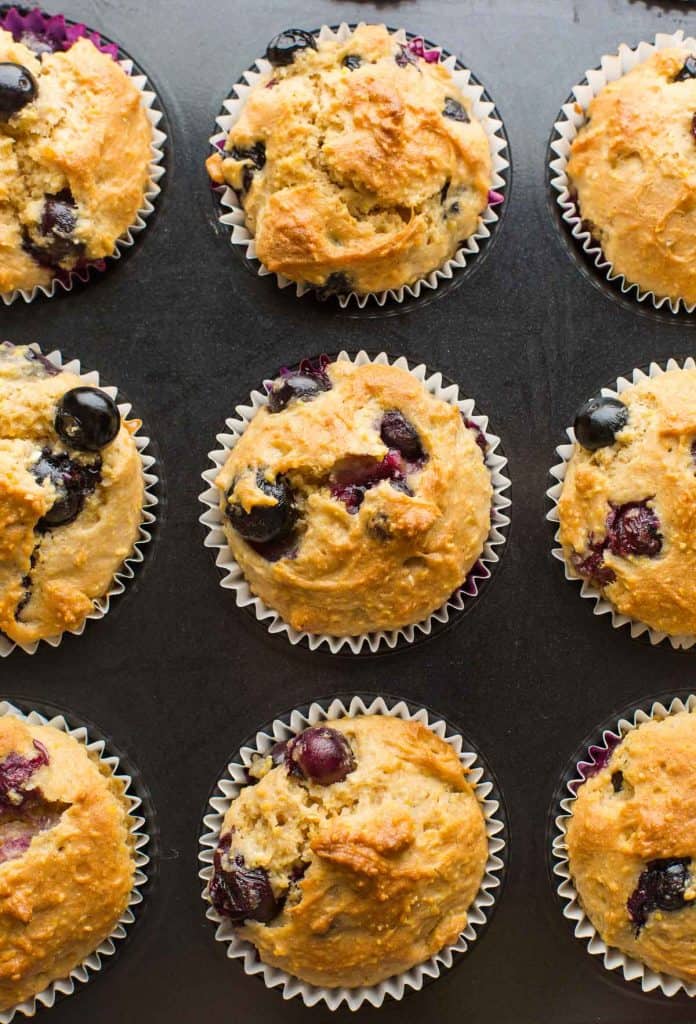 Gluten Free Blueberry Cornbread Muffins in a muffin tin