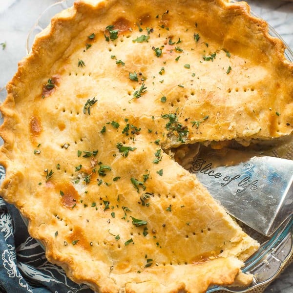 gluten free chicken pot pie with a missing slice