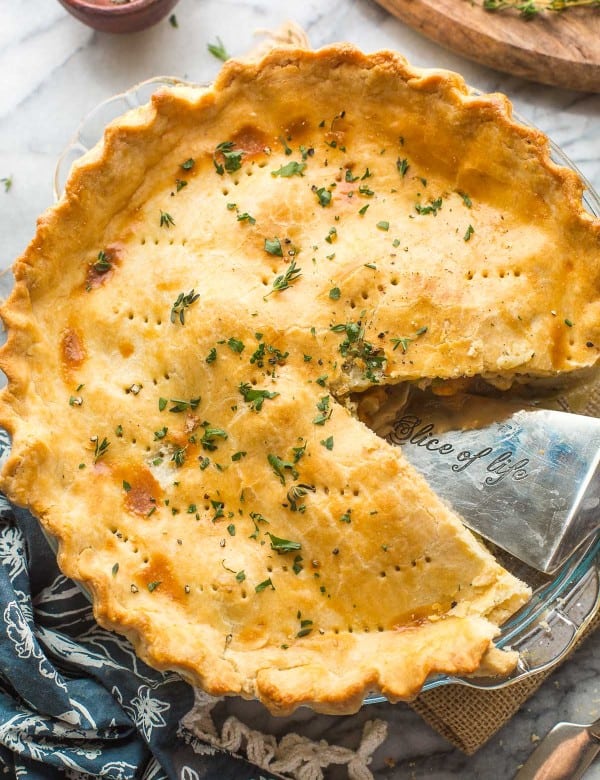 gluten free chicken pot pie with a missing slice