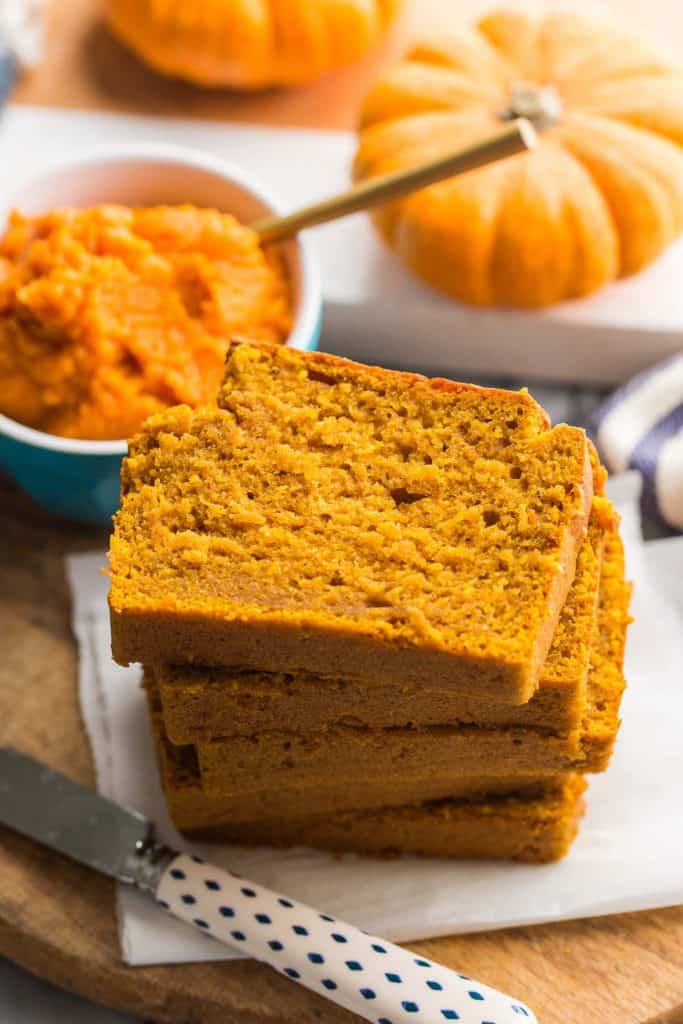 gluten free pumpkin bread slices stacked