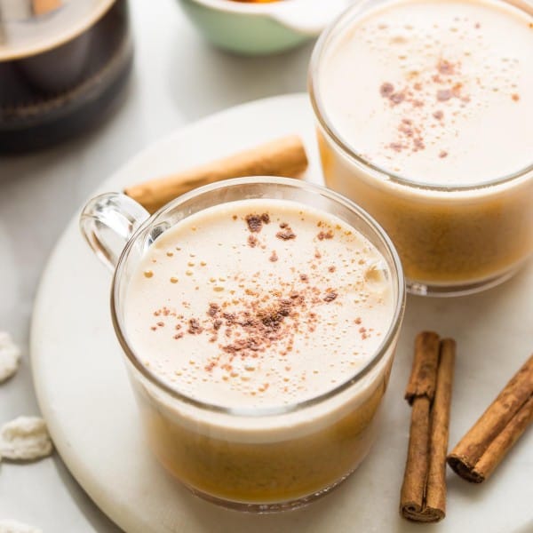 Dairy Free Pumpkin Spice Lattes in glass mugs