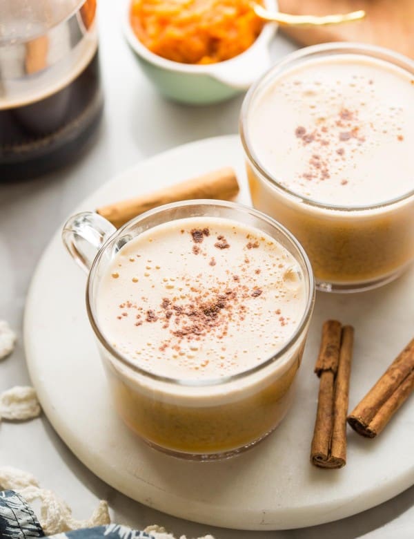 Dairy Free Pumpkin Spice Lattes in glass mugs