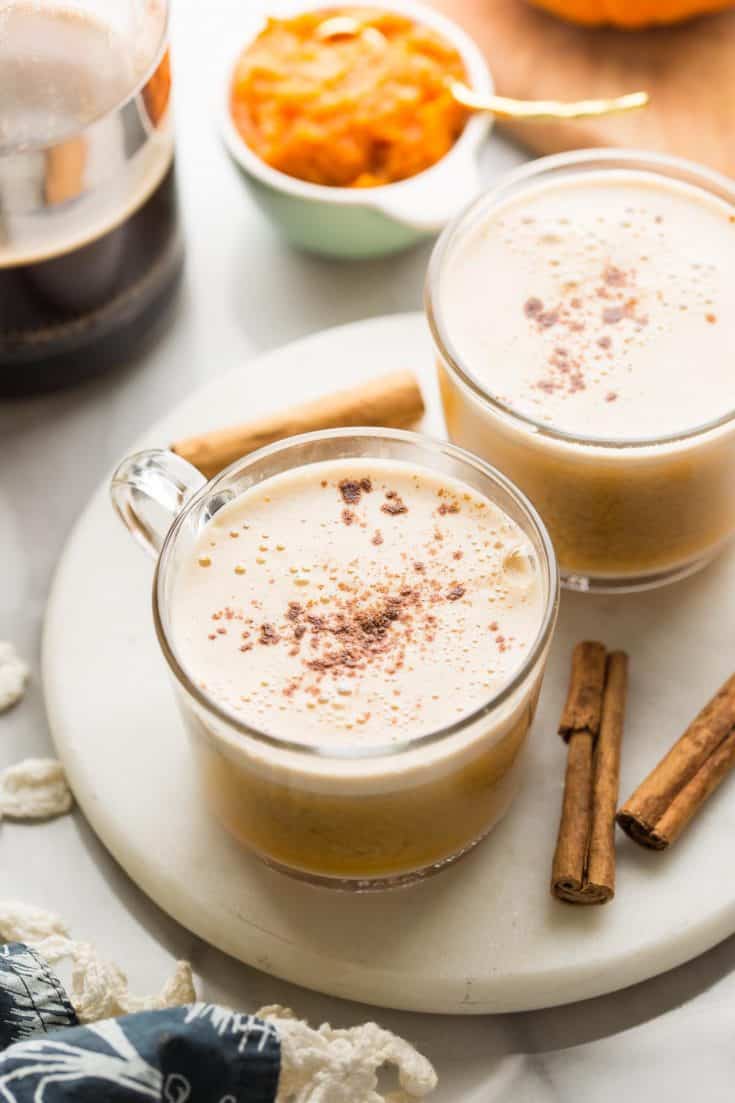 Dairy Free Pumpkin Spice Lattes in glass mugs