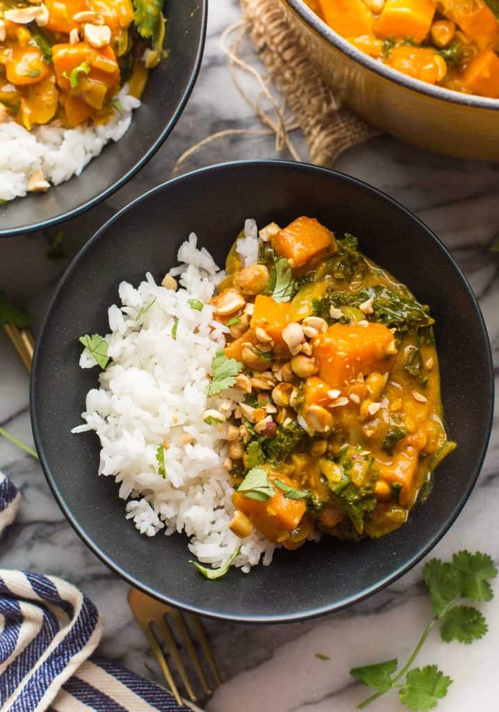a serving bowl of rice and Satay Sweet Potato Curry