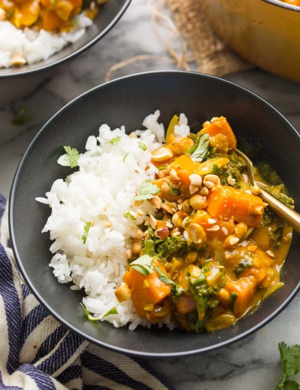 Satay Sweet Potato Curry in a bowl with rice