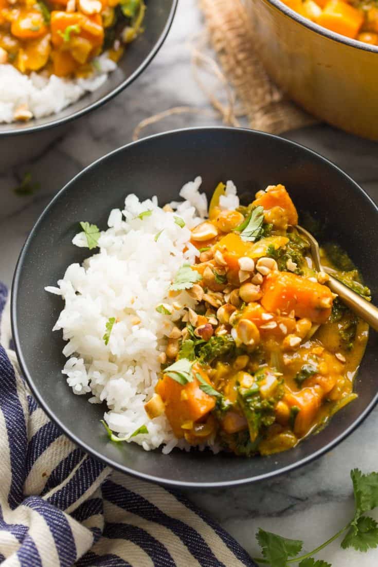 Satay Sweet Potato Curry in a bowl with rice