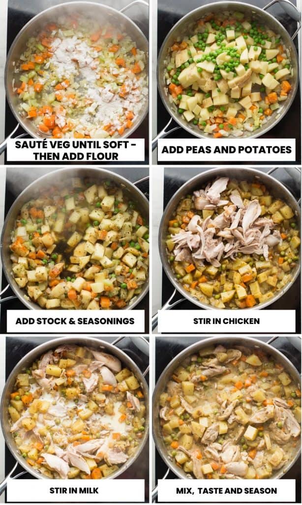 Gluten Free Chicken Pot Pie filling prep collage