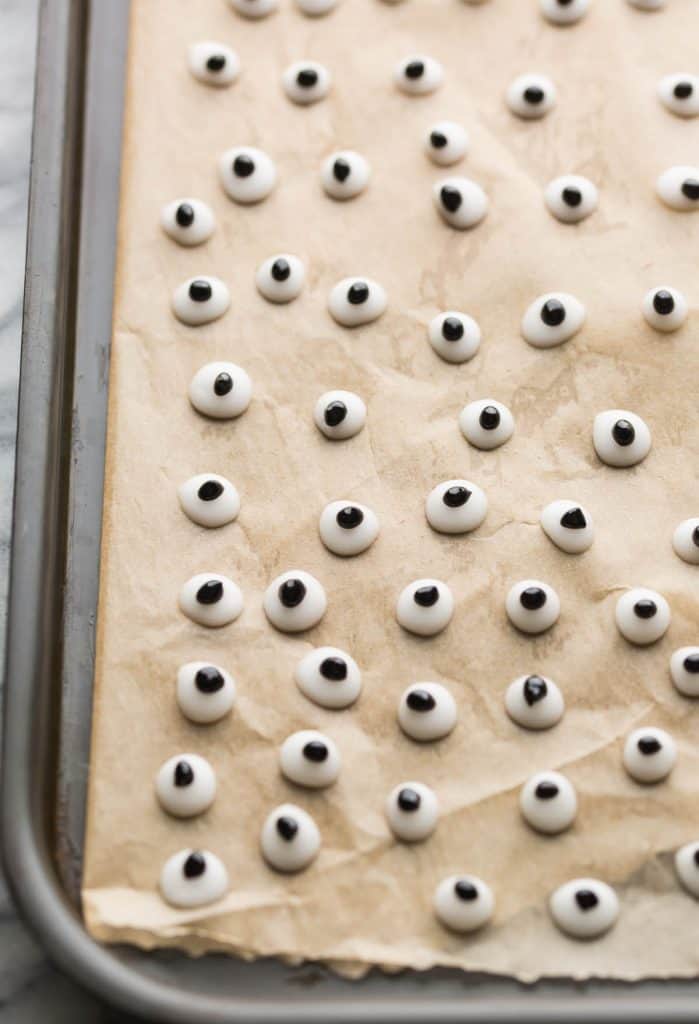 homemade Edible Googly Eyes on a baking sheet