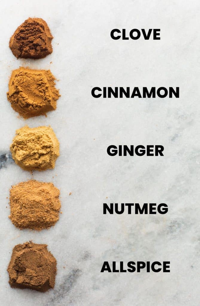 ground clove, cinnamon, ginger, nutmeg and allspice on a clean surface