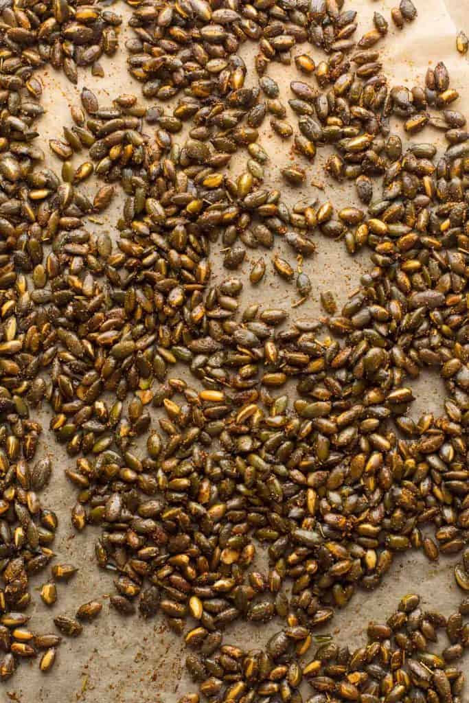 savory roasted pepitas still on baking sheet