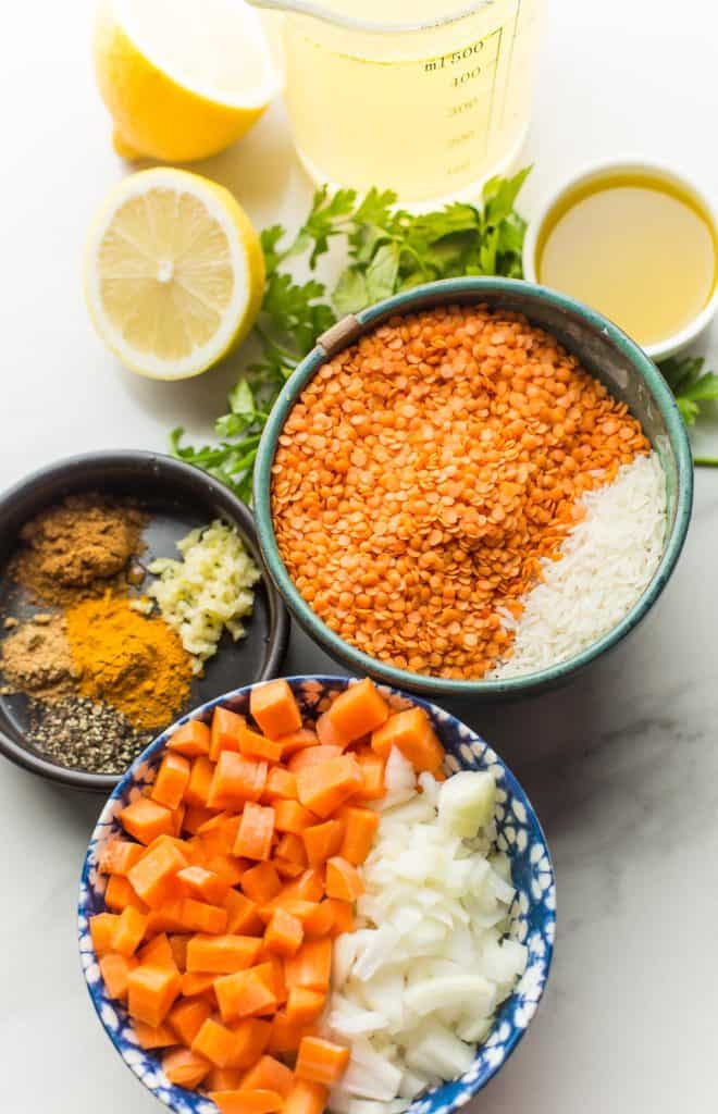 ingredients for an Arabic Lentil Soup chopped, prepared and placed in bowls
