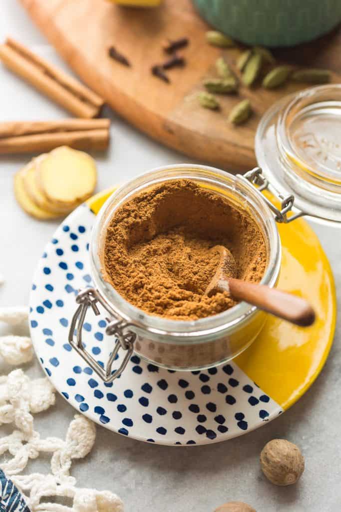 homemade chai spice mix in a jar