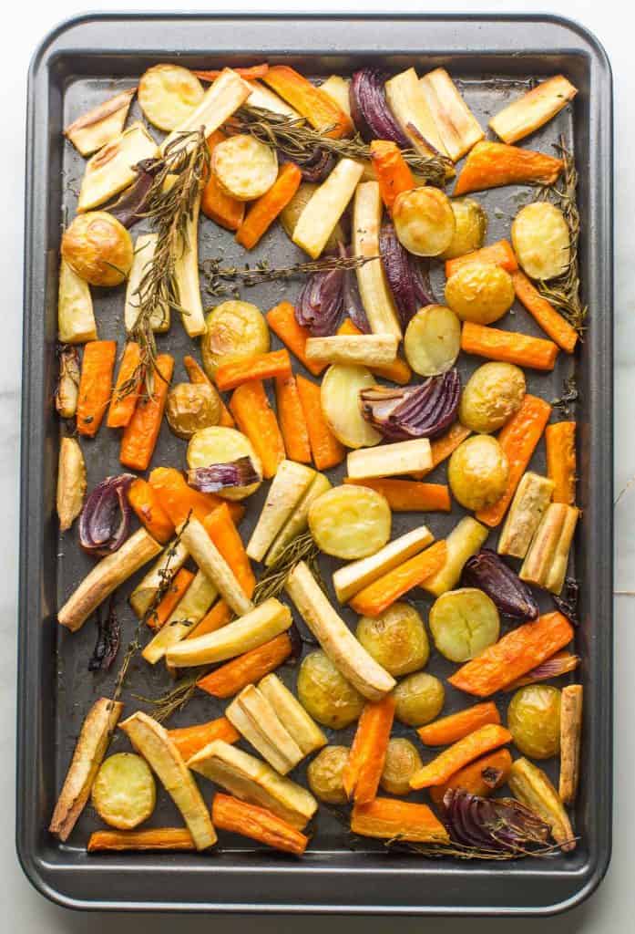 Roasted Root Vegetables on a baking sheet