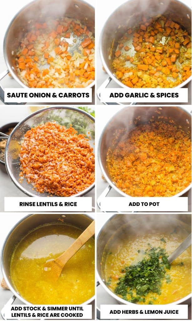 collage of steps for an Arabic Lentil Soup 