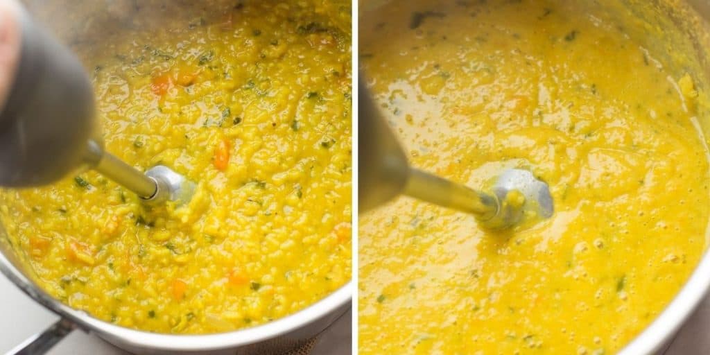 an immersion blender blending up an Arabic Lentil Soup