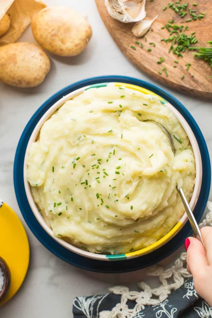 Vegan Mashed Potatoes without Milk in bowl with spoon