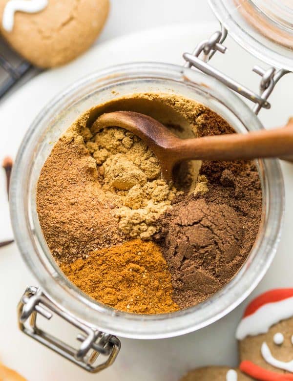 homemade gingerbread spice in a jar with a wooden spoon