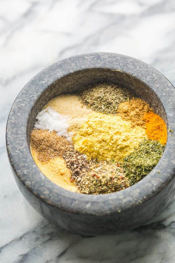 Homemade Vegetable Bouillon Powder spices in a stone bowl