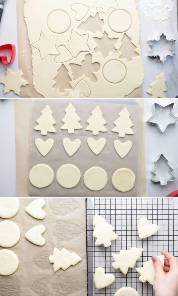 Gluten Free Sugar Cookies dough cut into christmas tree and heart shapes then baked