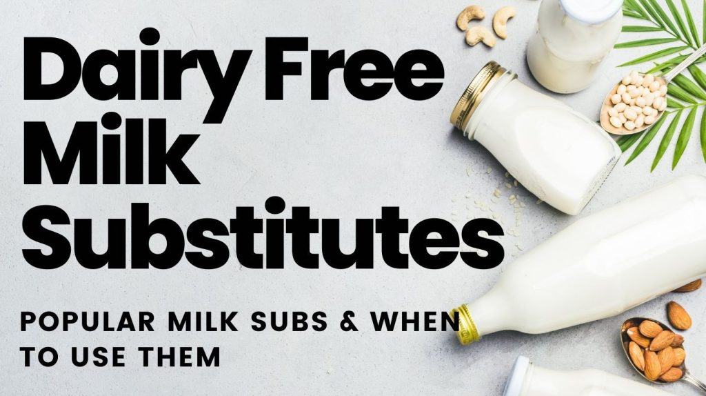 gluten and dairy free vegetarian recipes graphic that reads: 'dairy freemilk substitutes - popular milk subs and when to use them'
