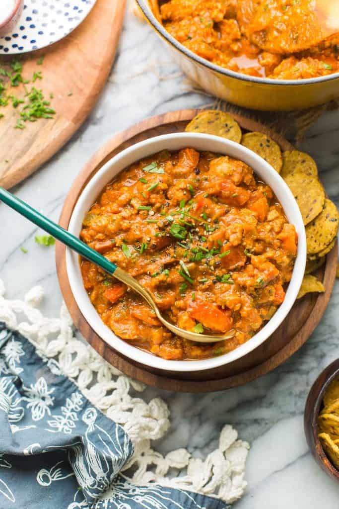 Low FODMAP Chili in a bowl with a spoon