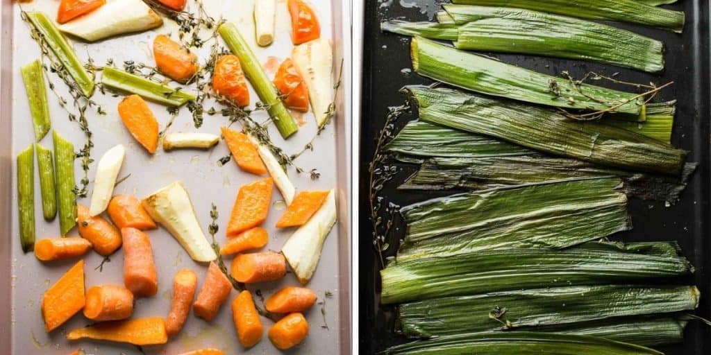roasted vegetables on a baking sheet