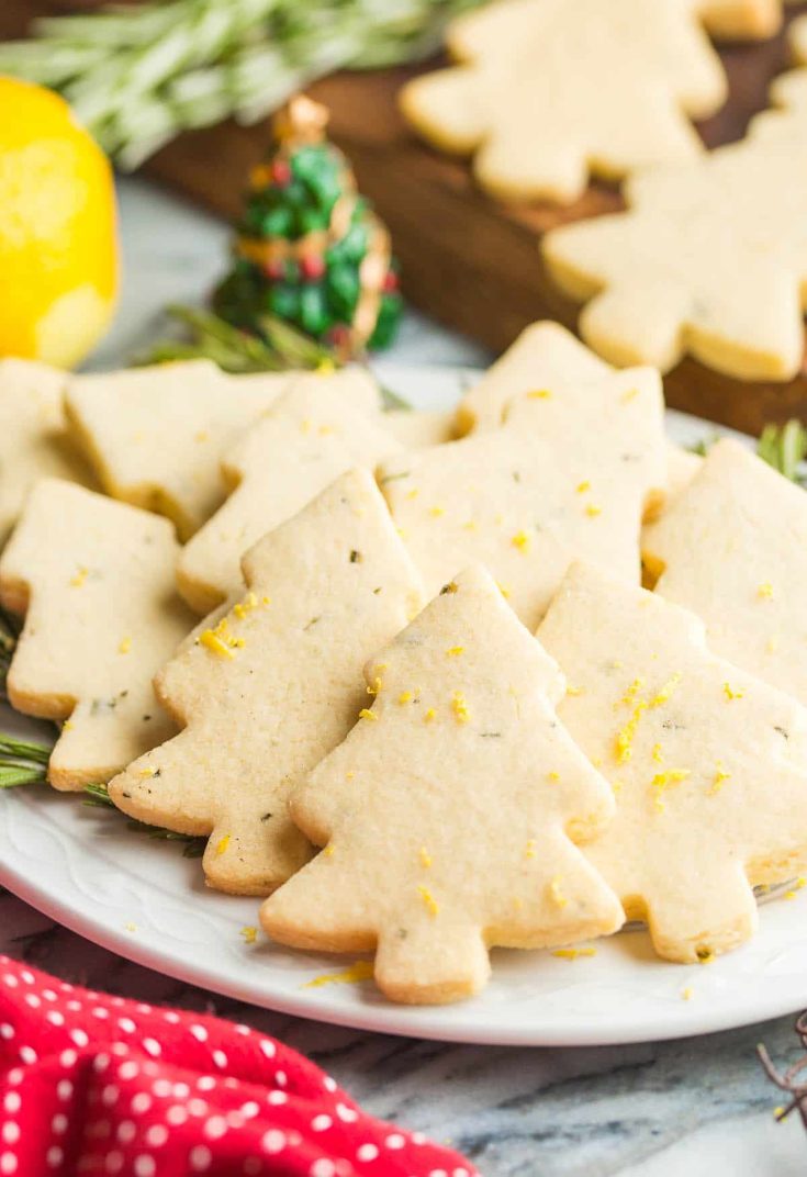 rosemary and lemon christmas tree cookies on a plate